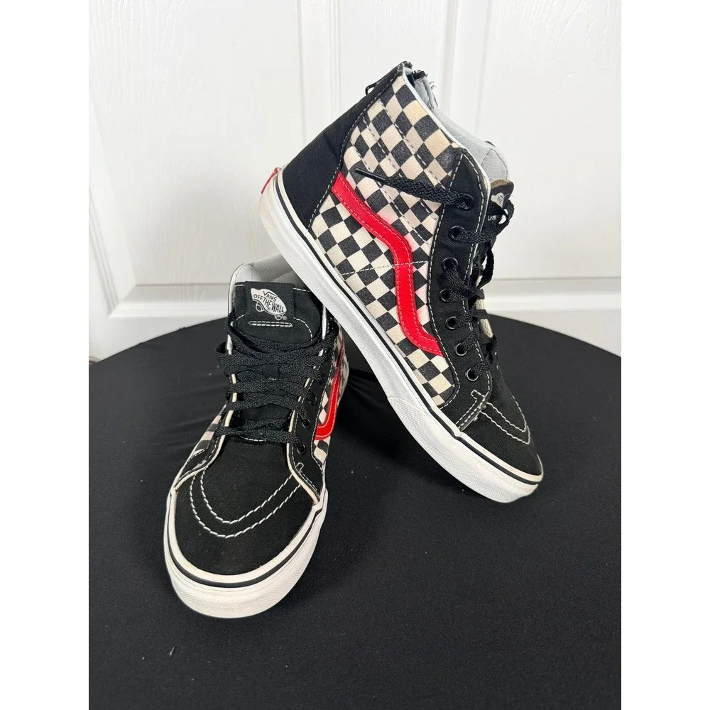 Vans Sk8-Hi Zip Kids 7.0 Checkerboard Black Red High Top Skate Shoes 721356